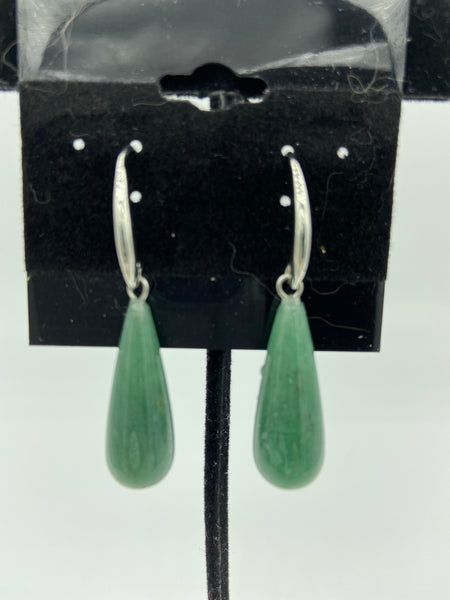 "Natural Green Aventurine Gemstone Long Teardrop Sterling Silver Dangle Earrings"