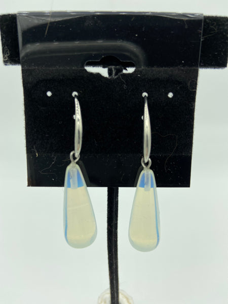 Natural White Opal Gemstone Long Teardrop Sterling Silver Dangle Earrings