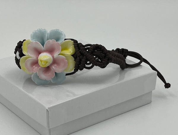 Large Pink Blue & Yellow Porcelain Flower Adjustable Macrame Bracelet