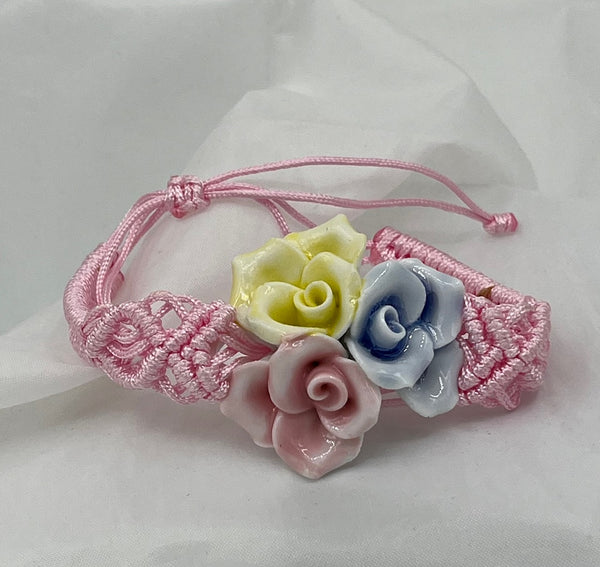 Pink Adjustable Macrame Bracelet with Porcelain 3d Pink Yellow and Blue Roses