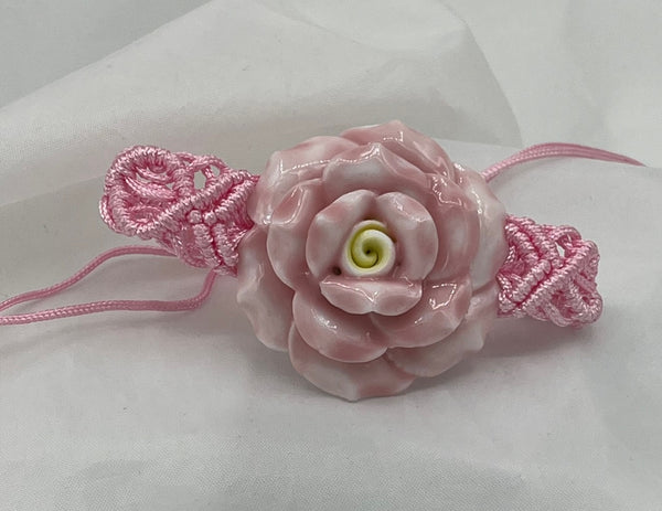 Large Porcelain Pink 3D Rose Flower Adjustable Macrame Bracelet