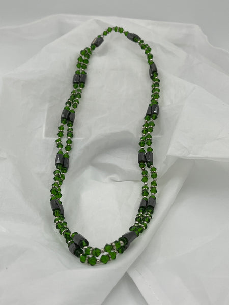 Magnetic Hematite Gemstone and Dark Green Glass Beaded Wrap Necklace or Bracelet