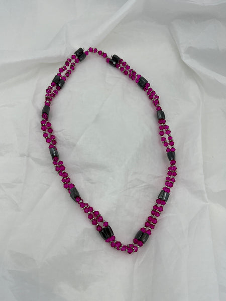 Magnetic Hematite Gemstone and Hot Pink Glass Beaded Wrap Necklace or Bracelet