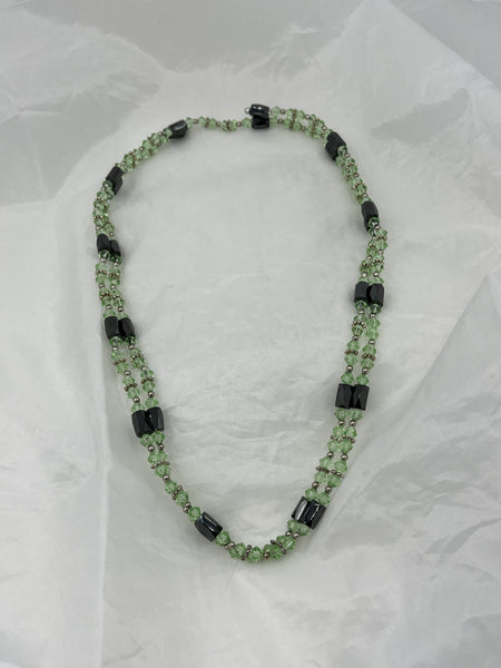 Magnetic Hematite Gemstone and Pale Green Glass Beaded Wrap Necklace or Bracelet