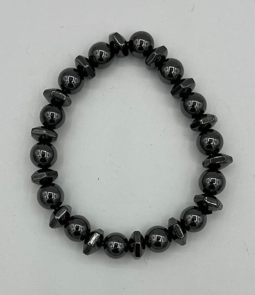 Natural Magnetic Hematite Gemstone Round and Disk Beaded Stretch Bracelet