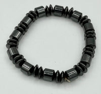 Natural Magnetic Hematite Gemstone Tube and Rondelle Beaded Stretch Bracelet