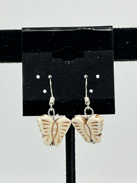 Natural Magnusite Gemstone Carved Butterfly Sterling Silver Dangle Earrings