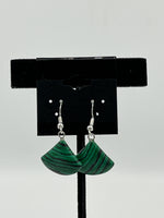 Natural Malachite Gemstone Fan Shaped Sterling Silver Dangle Earrings