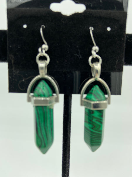Natural Malachite Gemstone Double Terminated Point Dangle Earrings