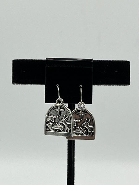 Silver Tone Christmas Nativity Manger Scene Charm Dangle Earrings