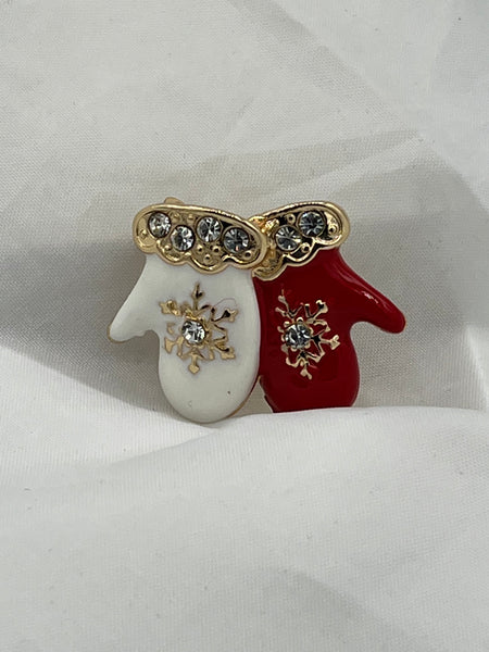 Red and White Enamel Christmas Winter Mittens Pin Brooch with CZ and Snowflakes