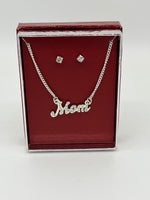 Silvertone and Clear CZ Mom Pendant on Chain Necklace and Stud Earrings Set