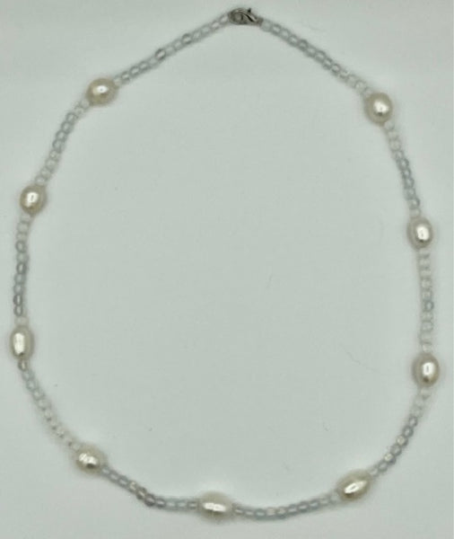 Natural Moonstone Gemstone Round and White Rice Pearl Beaded Necklace