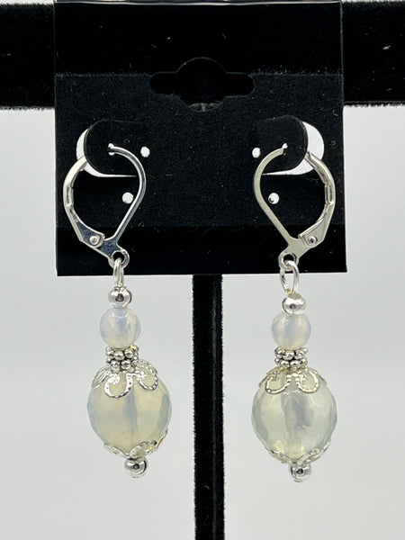 Natural Moonstone Gemstone Beaded Sterling Silver Leverback Dangle Earrings