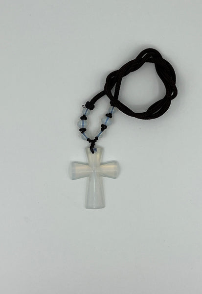 Natural Moonstone Gemstone Large Carved Cross Pendant on Cord Necklace