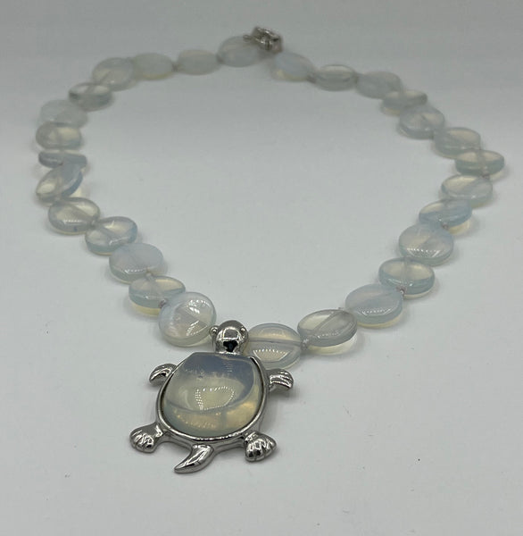Natural Rainbow Moonstone Gemstone Flat Disk Beaded Necklace with Turtle Pendant