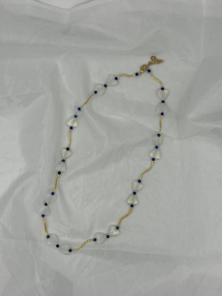 Natural Moonstone Gemstone Heart and Round Gold Tone Beaded Adjustable Necklace