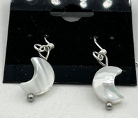 Natural White Mother of Pearl Shell Moon Beaded Sterling Silver Dangle Earrings