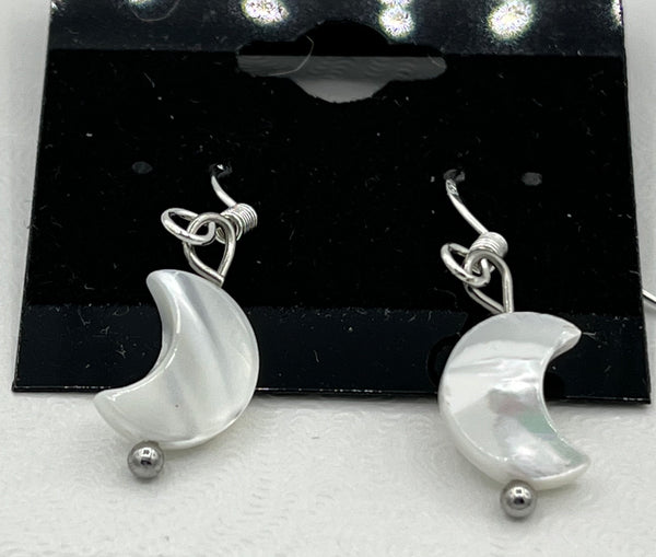 Natural White Mother of Pearl Shell Moon Beaded Sterling Silver Dangle Earrings