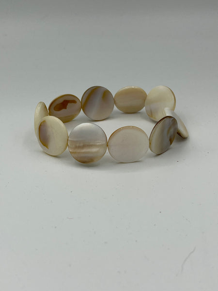 Natural Mother of Pearl Shell Large Flat Disks Beaded Stretch Bracelet