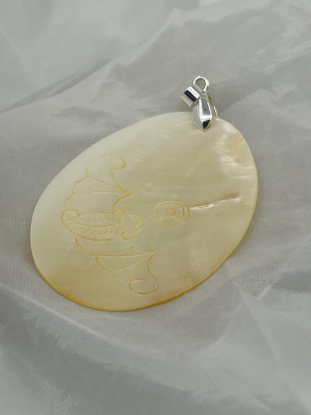 Natural Mother of Pearl Shell Large Oval with Carved Bat On Moon Pendant