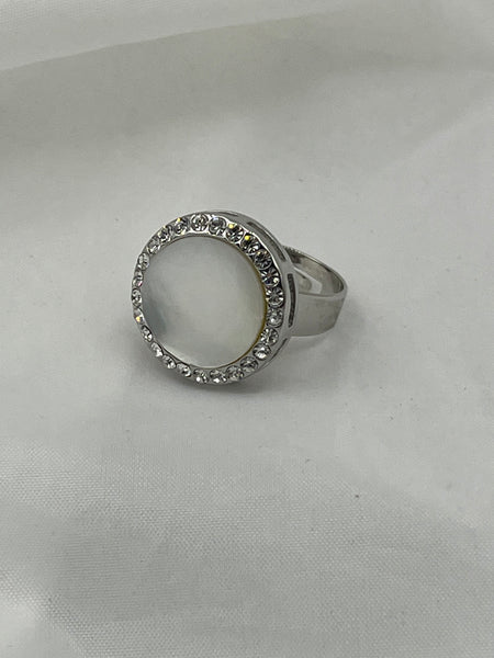 Natural White Mother of Pearl Shell and Clear CZ Adjustable Round Ring