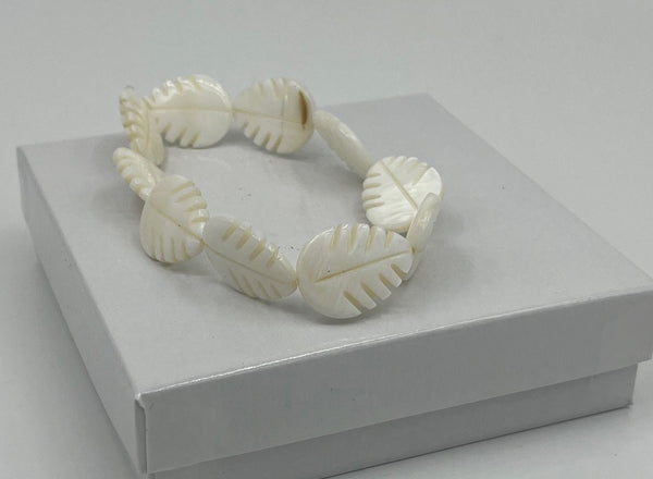 Natural Mother of Pearl Shell Carved Leaves Beaded Stretch Bracelet