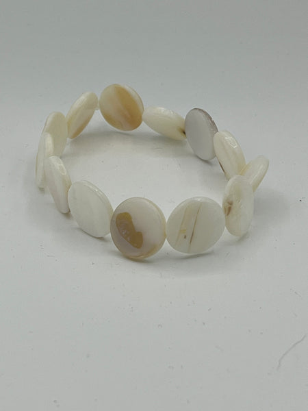 Natural Mother of Pearl Shell Flat Disks Beaded Stretch Bracelet