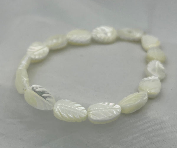 Natural White Mother of Pearl Shell Carved Leaves Beaded Stretch Bracelet