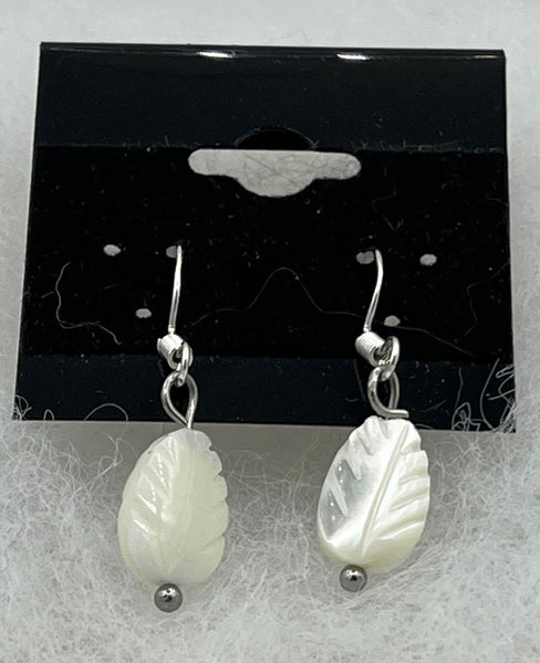Natural Mother of Pearl Shell Carved Leaf Beaded Sterling Silver Dangle Earrings