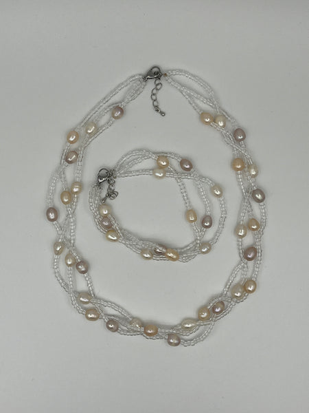 Natural Multicolor Pearl Gemstone and Glass Beaded Necklace and Bracelet Set