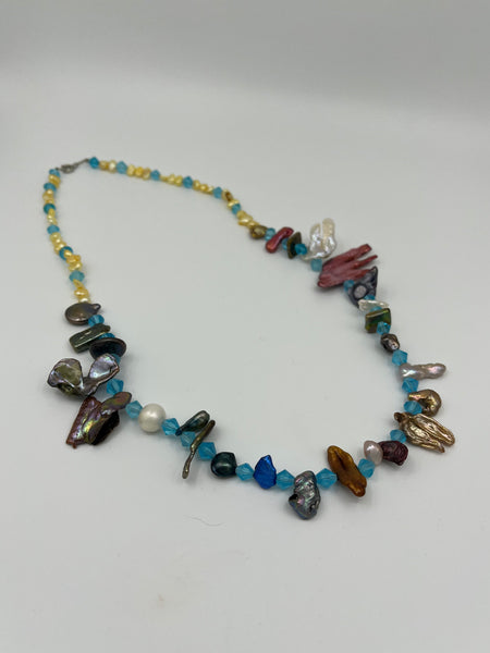 Multicolor Stick Pearl, Round Pearl, and Aqua Glass Beaded Necklace