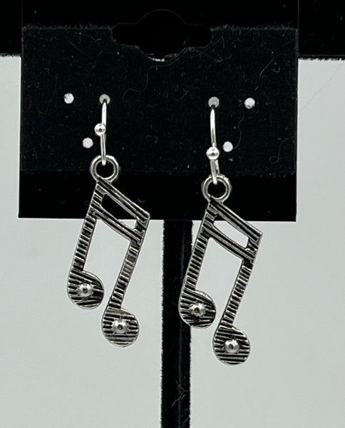 "Silvertone Music Note Charm Dangle Earrings with Sterling Silver Hooks"