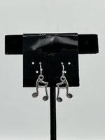 Silvertone Double Musical Notes Charm Dangle Earrings with Sterling Silver Hooks