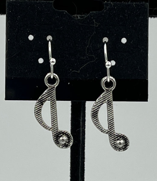 Silvertone Small Music Note Charm Dangle Earrings With Sterling Silver Hooks