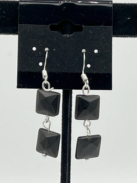 Natural Obsidian Gemstone Faceted Squares Beaded Sterling Silver Dangle Earrings