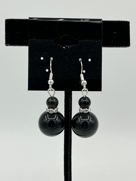 Natural Obsidian Gemstone Round Beaded Sterling Silver Dangle Earrings