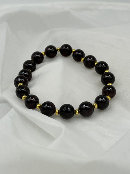 Natural Gold Sheen Obsidian Gemstone Round and Gold Tone Beaded Stretch Bracelet