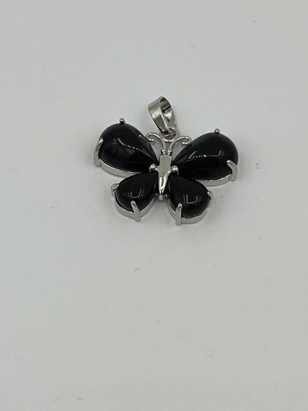 Natural Black Obsidian Gemstone and Silvertone Butterfly Pendant