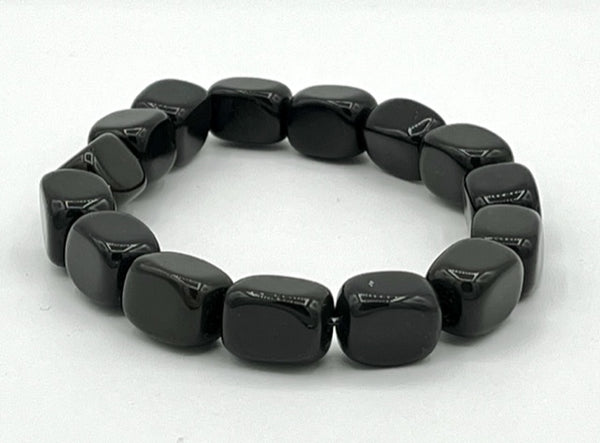 Natural Obsidian Gemstone Chunky Cubes Beaded Stretch Bracelet