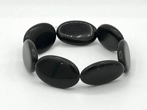 Natural Obsidian Gemstone Large Ovals Beaded Stretch Bracelet