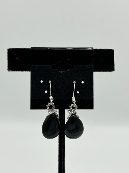 Natural Black Obsidian Gemstone Teardrop Beaded Sterling Silver Dangle Earrings