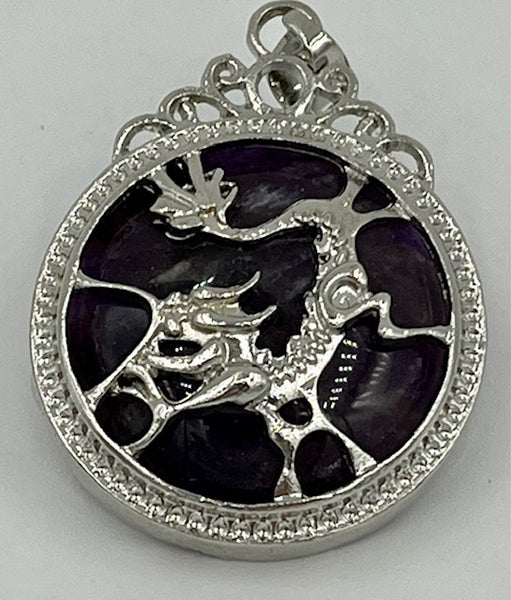Natural Obsidian Gemstone Round Cabochon in Silvertone Dragon Pendant