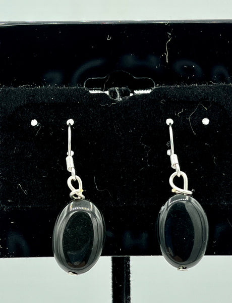 Natural Obsidian Gemstone Dainty Ovals Beaded Sterling Silver Dangle Earrings