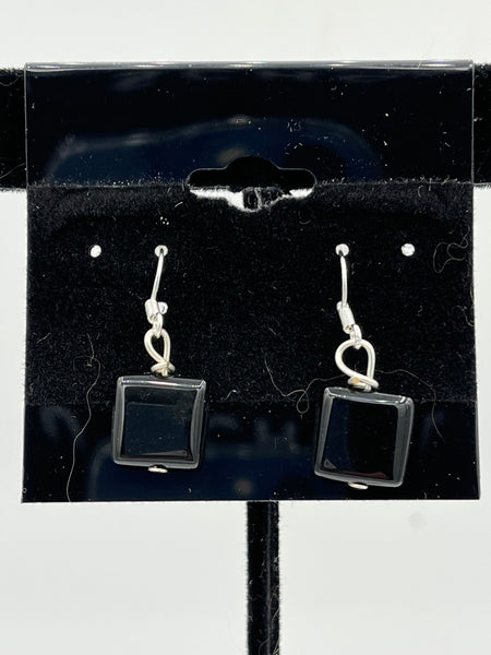 Natural Obsidian Gemstone Small Squares Beaded Sterling Silver Dangle Earrings