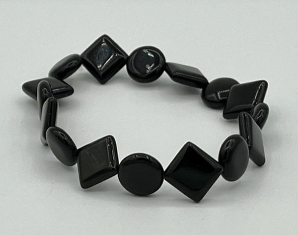 Natural Obsidian Gemstone Alternating Coin and Diamond Beaded Stretch Bracelet