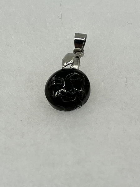 Natural Obsidian Gemstone Carved Small Round Moon Face Pendant