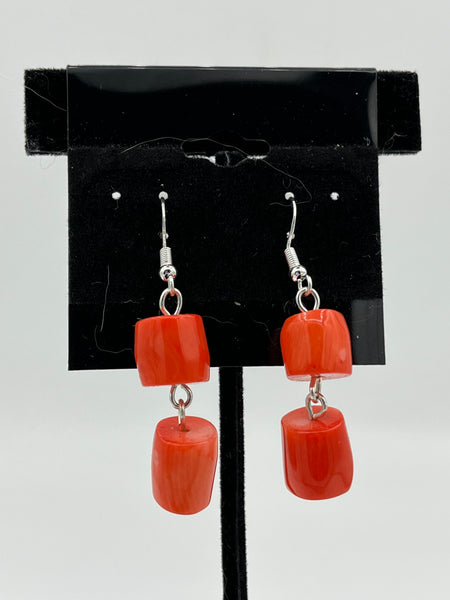 Natural Orange Coral Gemstone Cylinders Sterling Silver Dangle Earrings