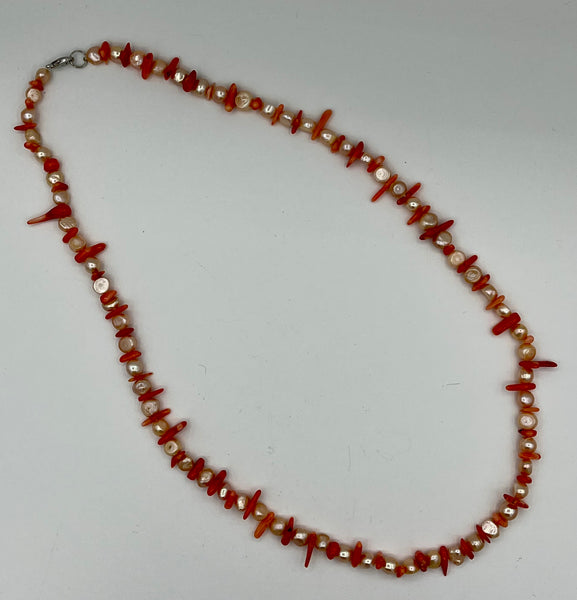 Natural Orange Coral Chips and Champagne Baroque Pearl Gemstone Beaded Necklace