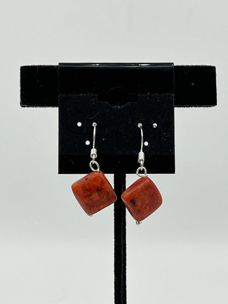 Natural Sponge Coral Gemstone Diamond Beaded Sterling Silver Dangle Earrings